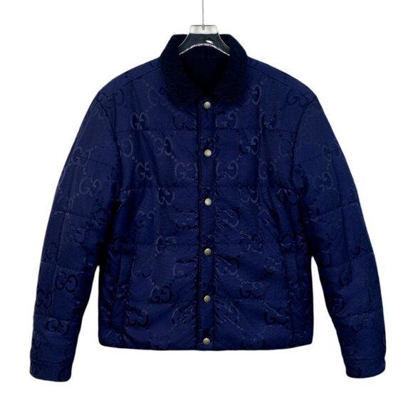 Gucci Reversible GG Logo Quilted Jacket Navy Corduroy Snap Button Closure Versat - Picture 1 of 8